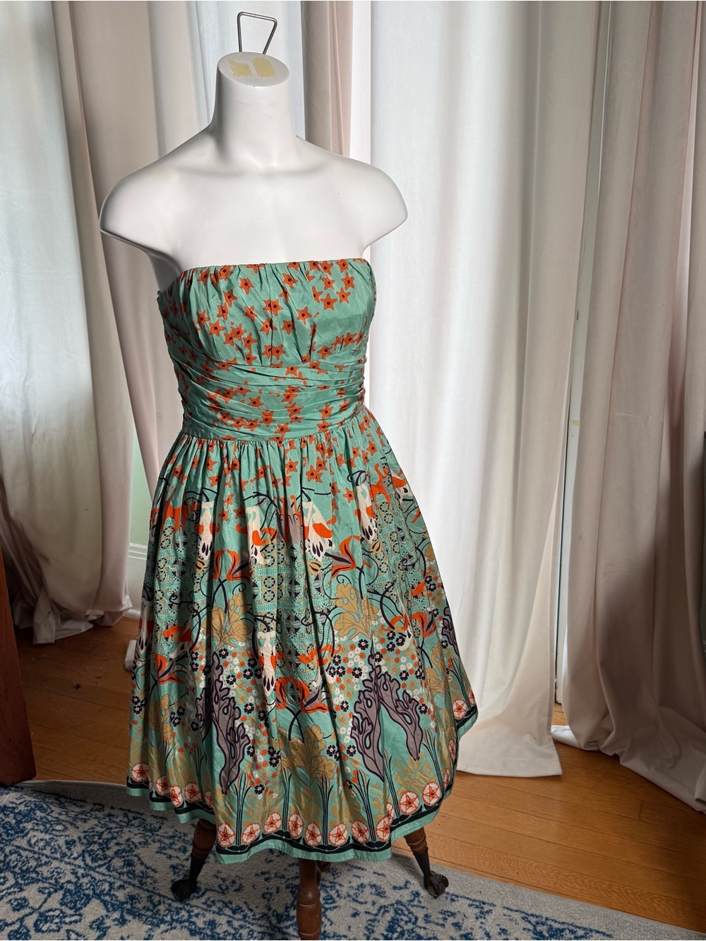 Alberto Makali Strapless Floral Print Dress in Mint and Orange